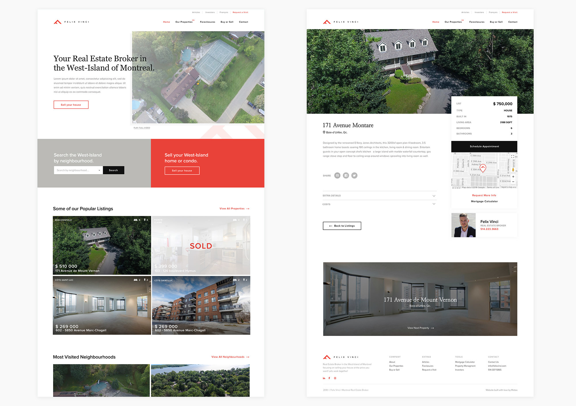 Homepage design of real estate broker with listings and video playing. Property page with image gallery on Craft CMS